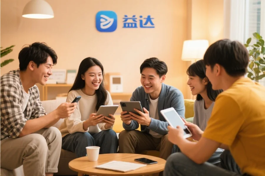 一群年轻用户围坐在一起，使用平板和手机愉快地交流，背景温馨现代，象征风暴应用的社区活跃氛围